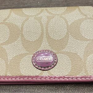 GREAT COACH KHAKI LOGO CARD CASE WALLET WITH ROSE OR PURPLE TRIM.